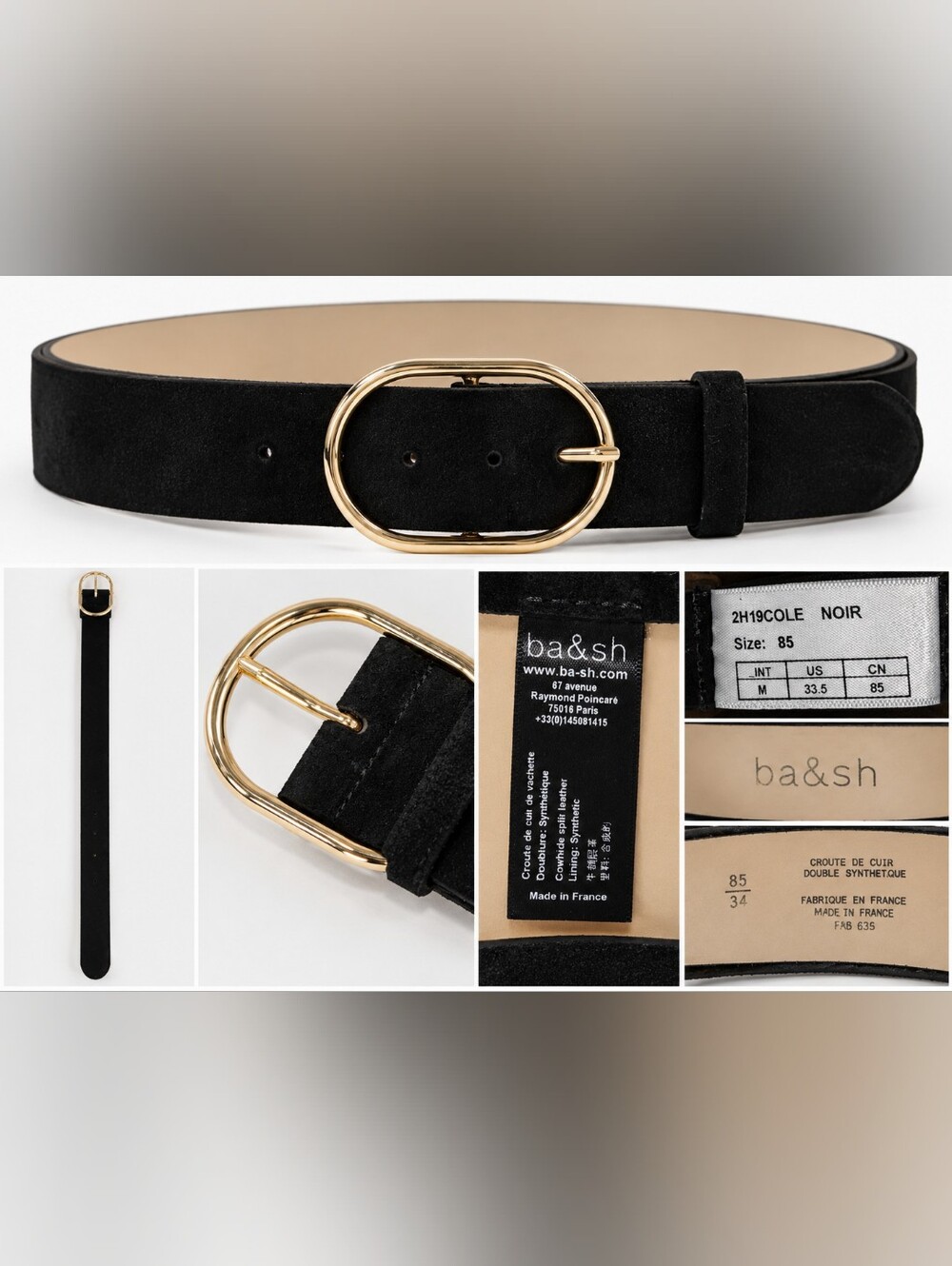 BA&SH Cole Black Suede Leather Belt Size 85 M US 33.5" Gold Oval Buckle-2H19COLE